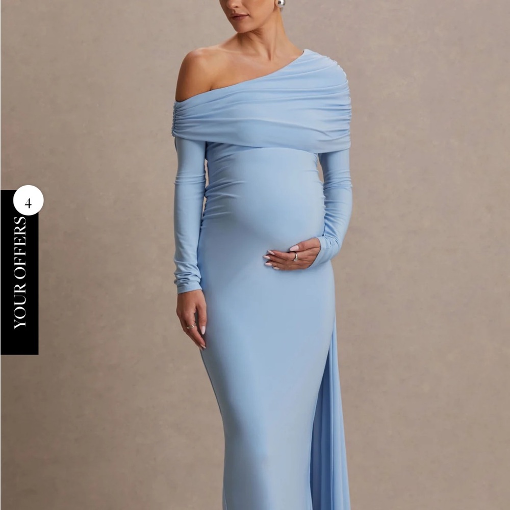 AMARA
Powder Blue Asymmetric-Neck Maternity Maxi Dress With Sash Detail